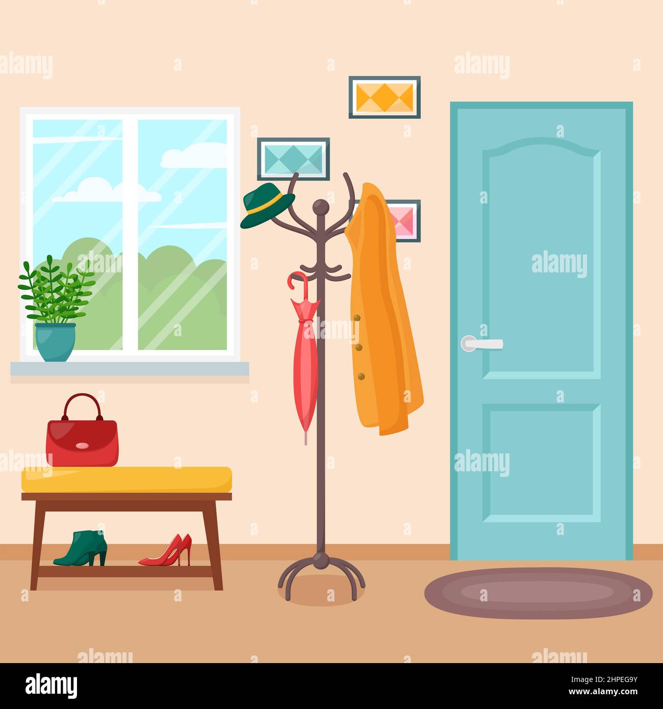 Home hallway interior with door, vector illustration Stock Vector