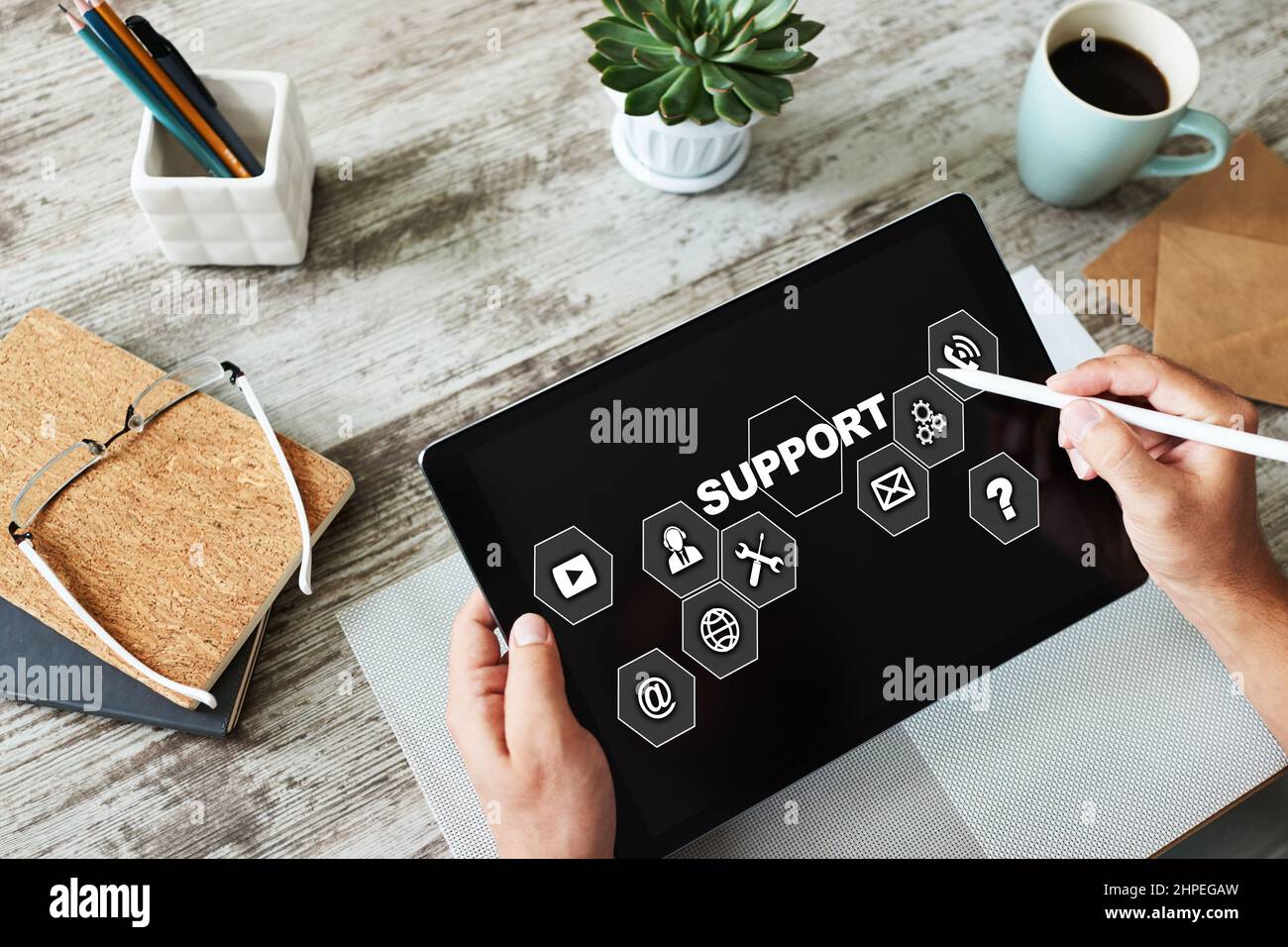 Technical support icons on screen. Call to help center. Internet and ...