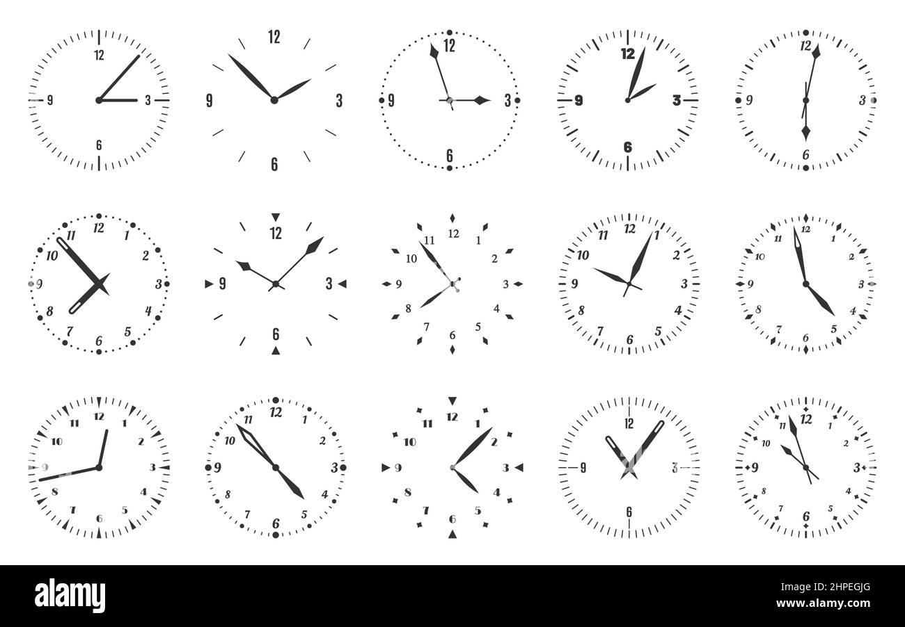 Dial clock face watch time circle black line set. Simple concept management office modern wall wrist clock classic bezel arabic numeral minute second hand measure template deadline isolated on white Stock Vector