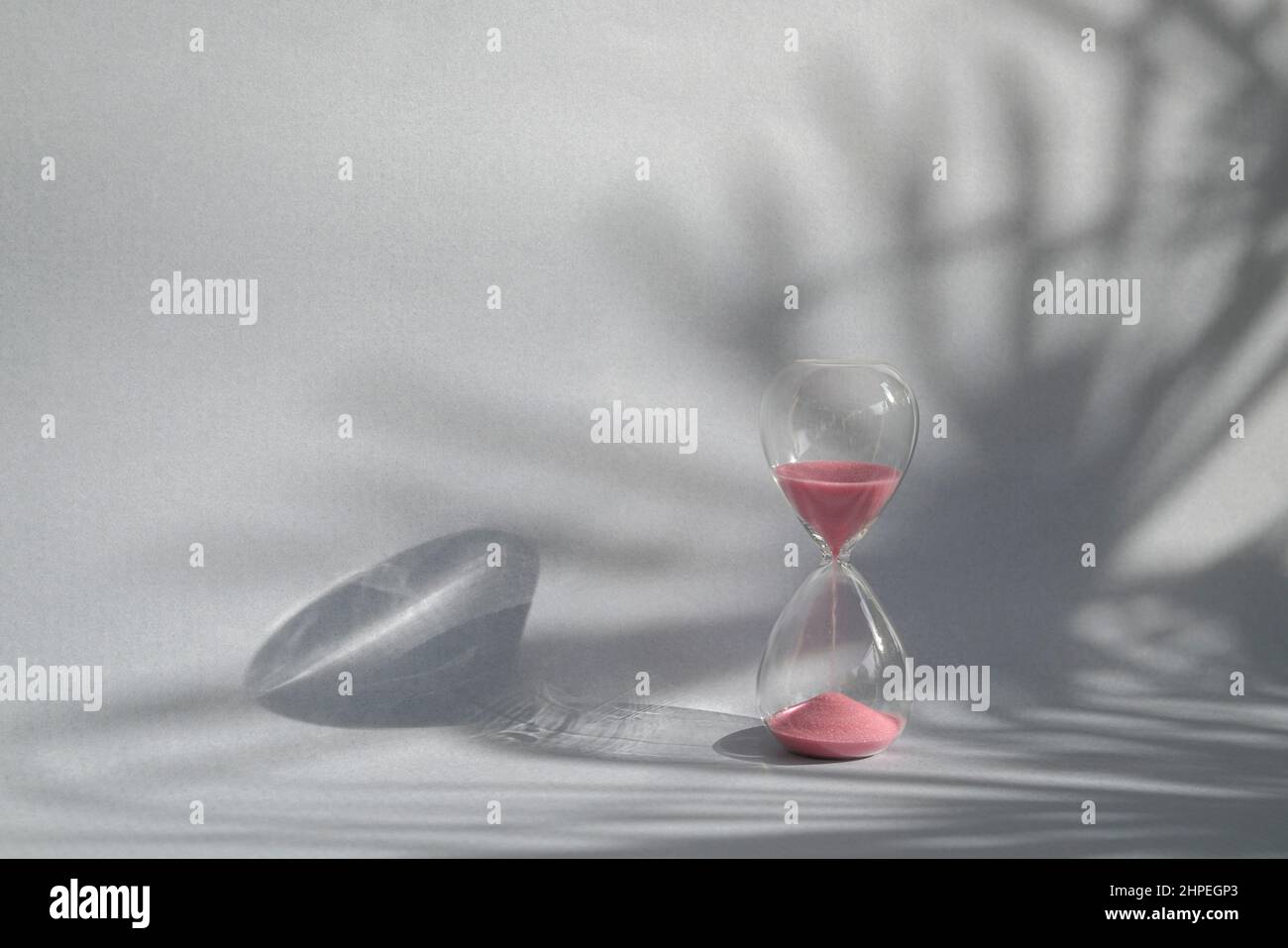Hourglass sand timer with palm shadow on wall. Summer mock up template ...