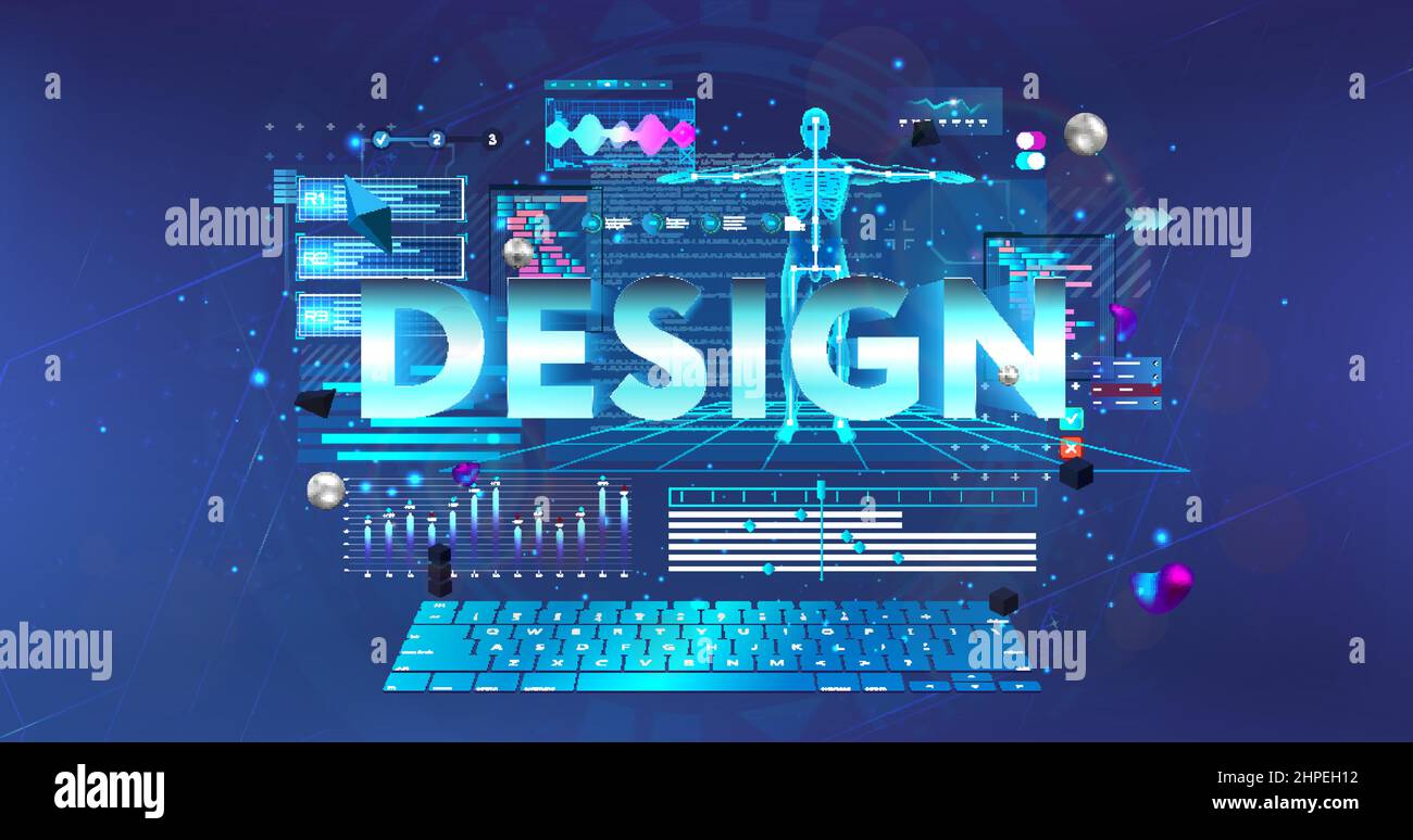 3D modeling design concept. Workplace in futuristic style Stock Vector