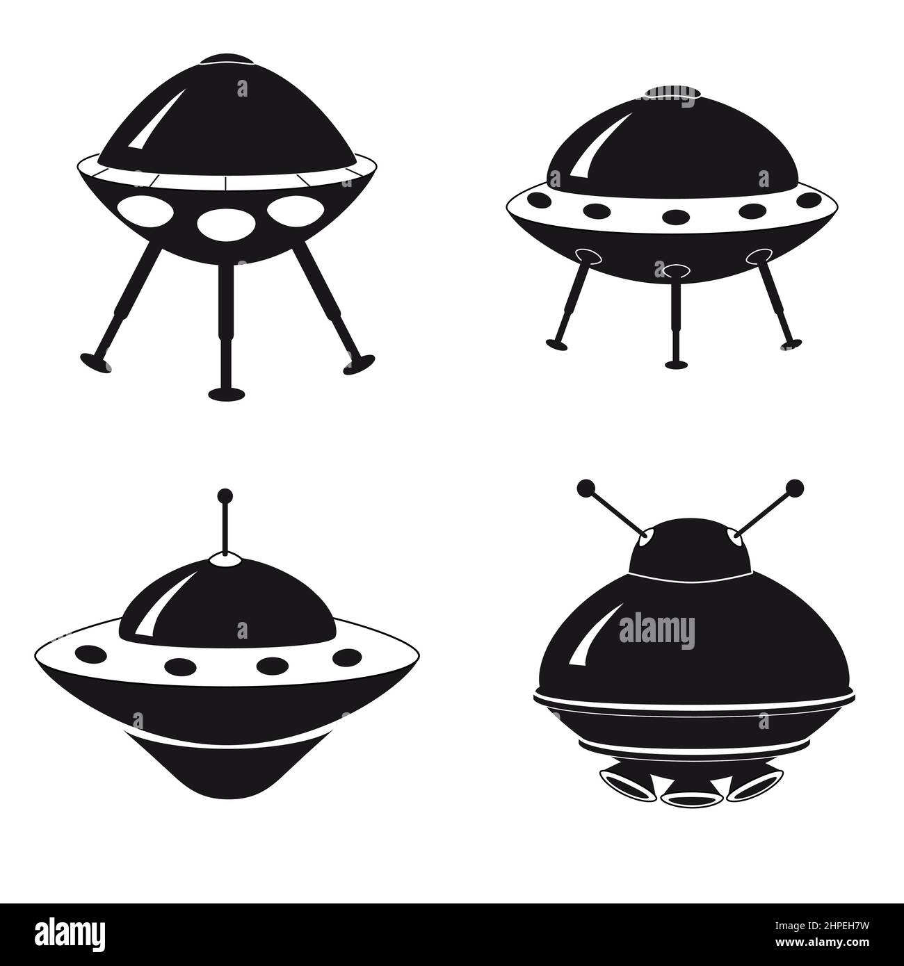 UFO icon set, spacecraft of alien. Vector flat black color style Stock Vector