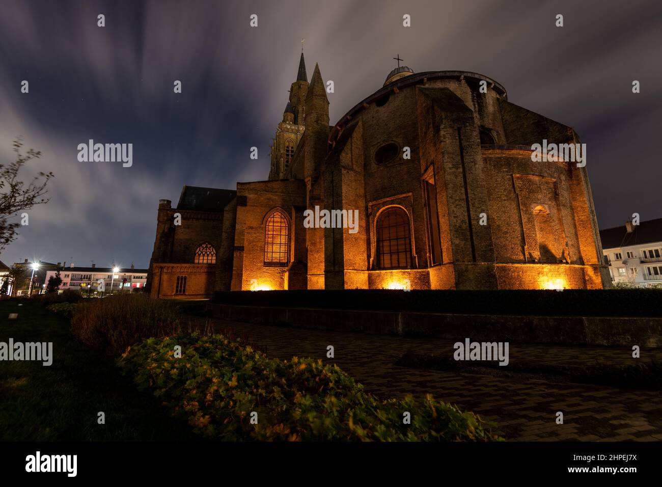 Cathedral of Our Lady of Calais at night Stock Photo