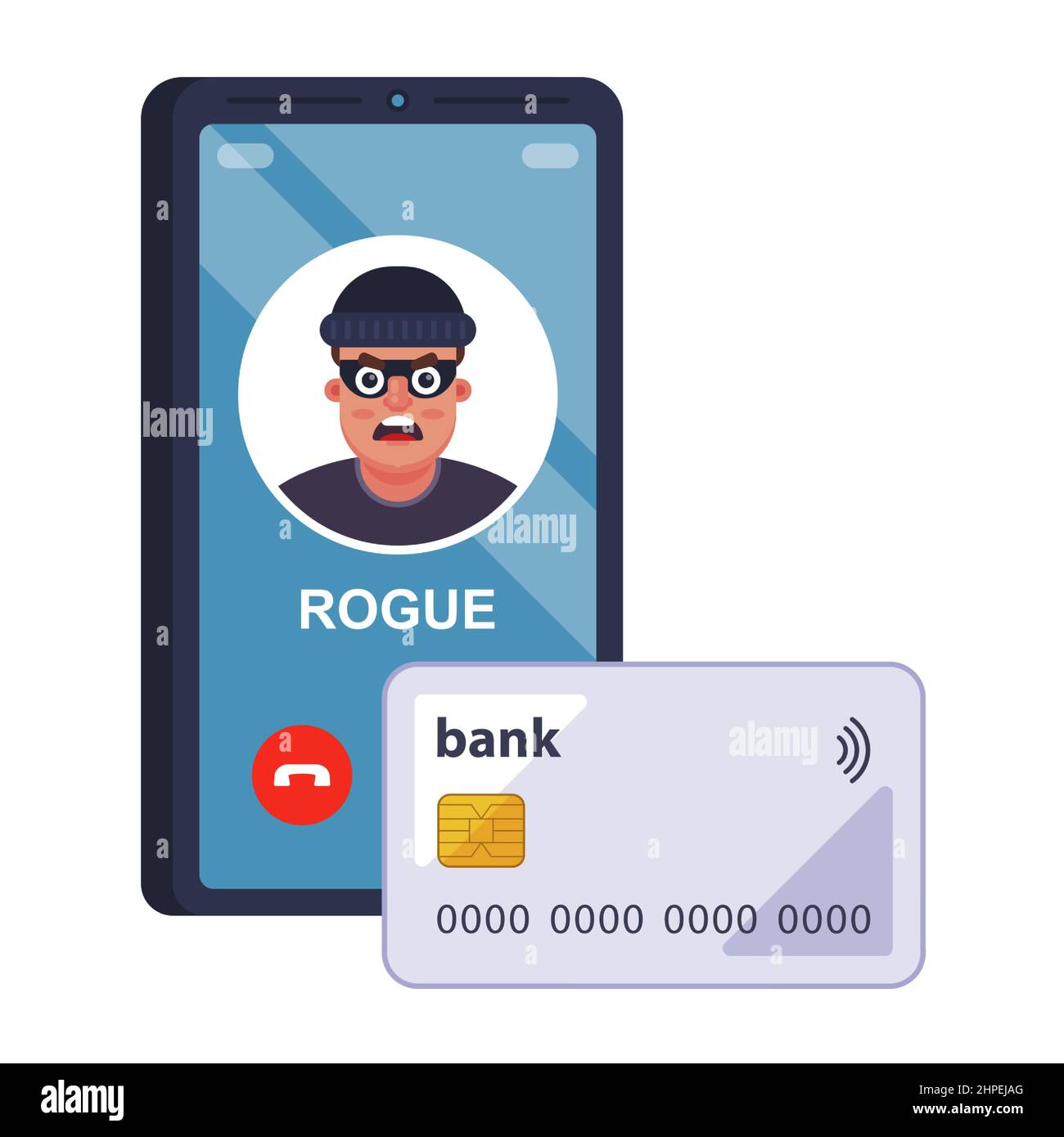 a fraudster steals bank card details over the phone. flat vector illustration. Stock Vector