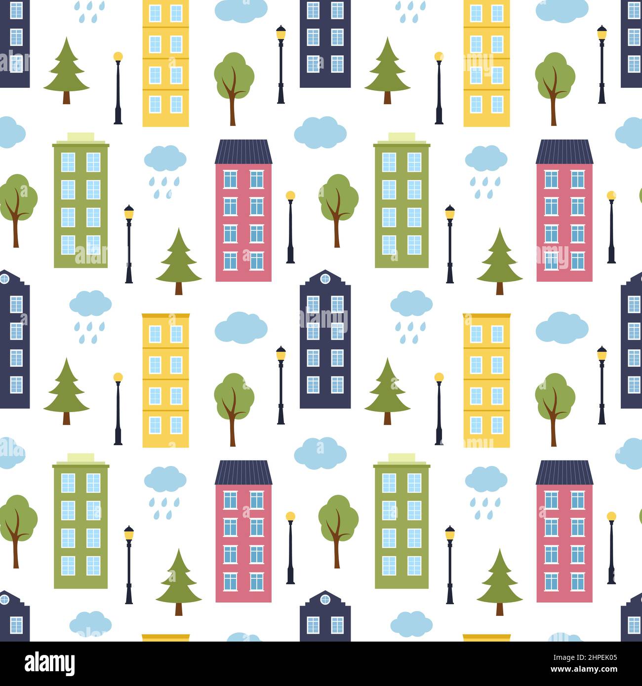 Seamless pattern with houses, trees, lanterns and clouds, vector illustration Stock Vector