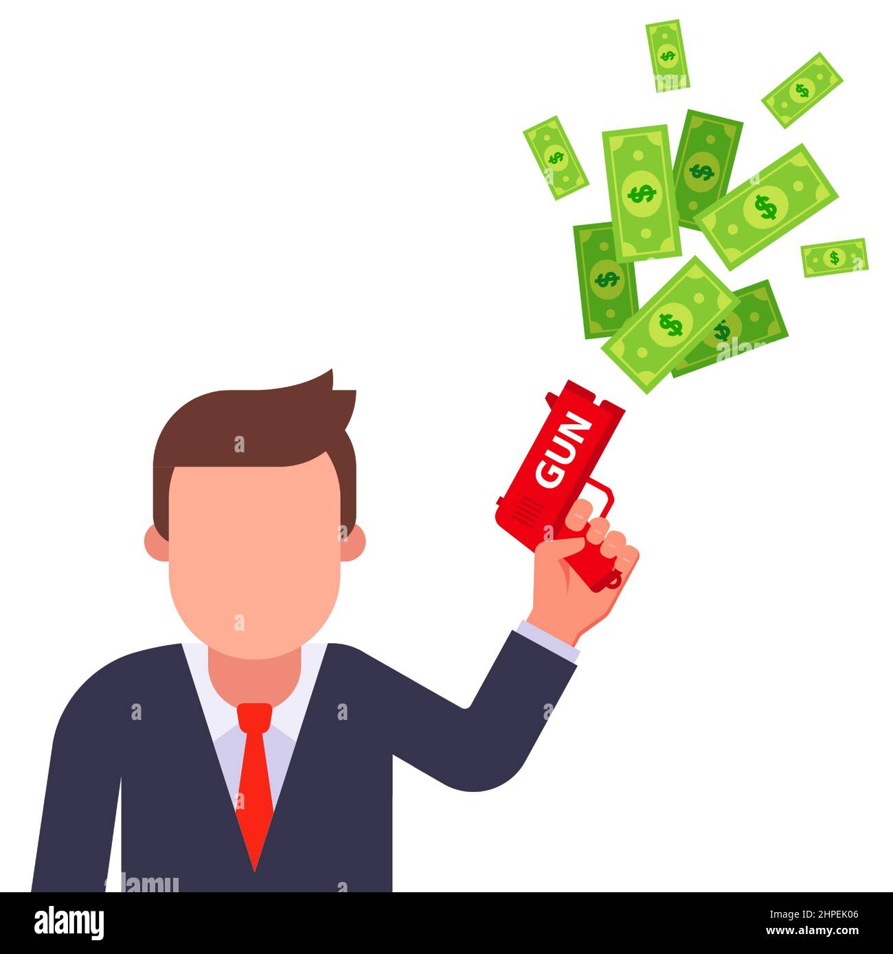 man shoots money from a toy gun. waste of money by man. flat vector illustration Stock Vector