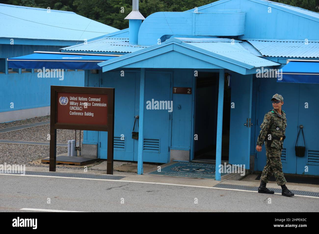 Panmunjom, South Korea - July 28, 2020: The Demilitarized zone or DMZ between the two Korean countries. Running across the Korean Peninsula near the 3 Stock Photo
