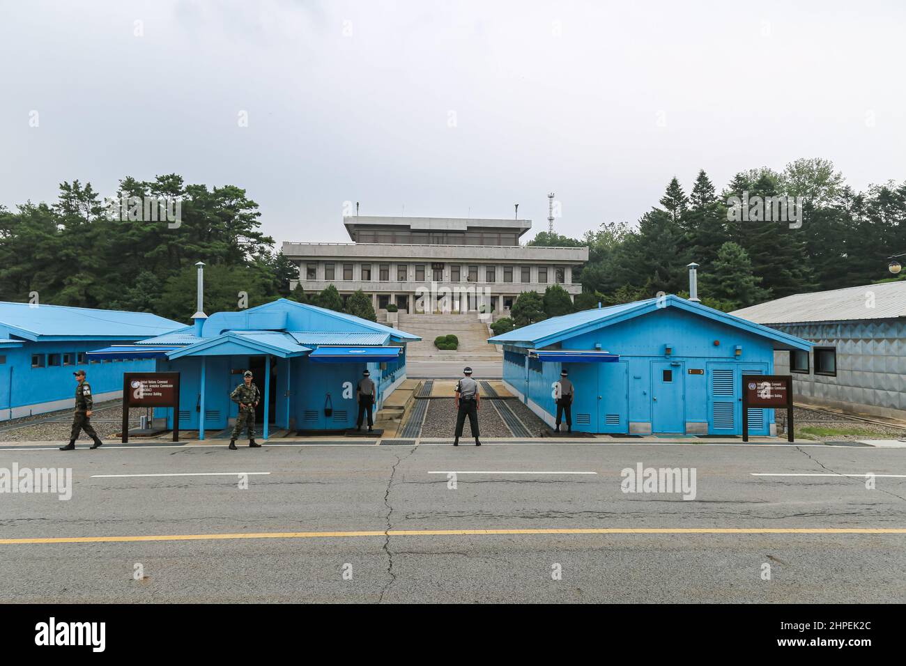 Panmunjom, South Korea - July 28, 2020: The Demilitarized zone or DMZ between the two Korean countries. Running across the Korean Peninsula near the 3 Stock Photo