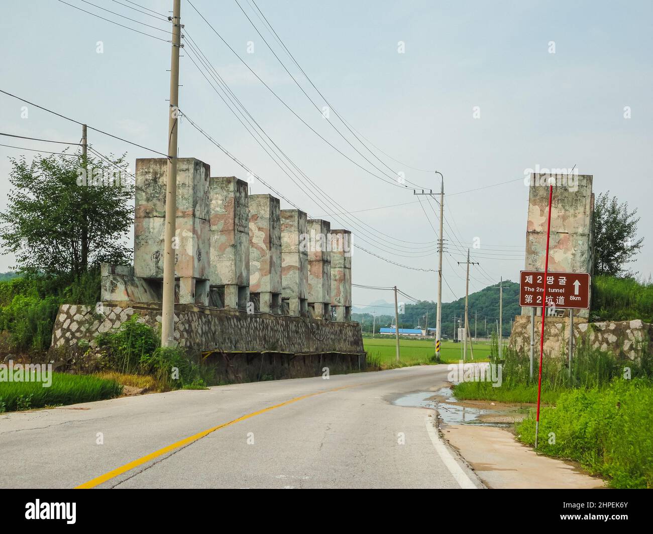 Panmunjom, South Korea - July 28, 2020: Tank barriers along the roads in the buffer zone to the demilitarized Zone. In event of war, the concrete bloc Stock Photo