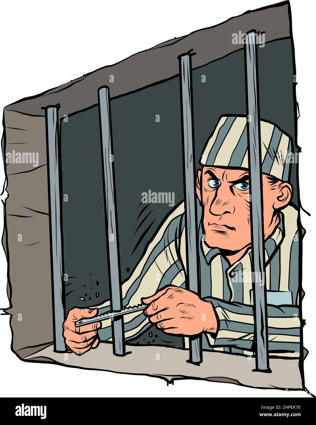 The lawbreaker is in jail. a prisoner in a striped uniform, a dangerous criminal. Escape attempt Stock Vector