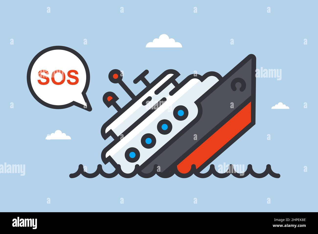 a sinking ship asks for help. flat vector illustration. Stock Vector