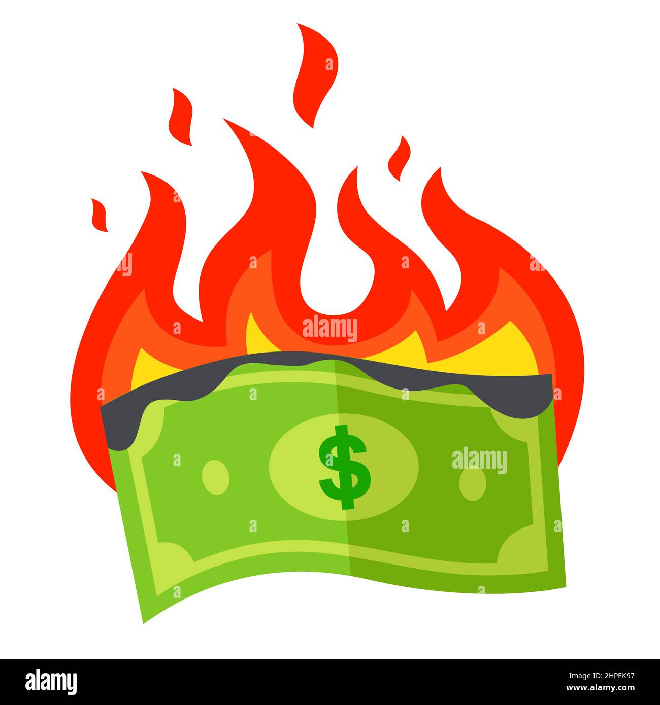 the burning dollar bill burns out. a waste of money. flat vector illustration. Stock Vector