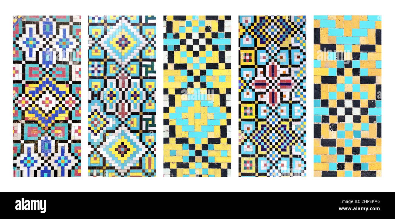 Set of vertical or horizontal banners with colourful geometric tile patterns. Detail of traditional persian mosaic wall with geometrical ornament in G Stock Photo