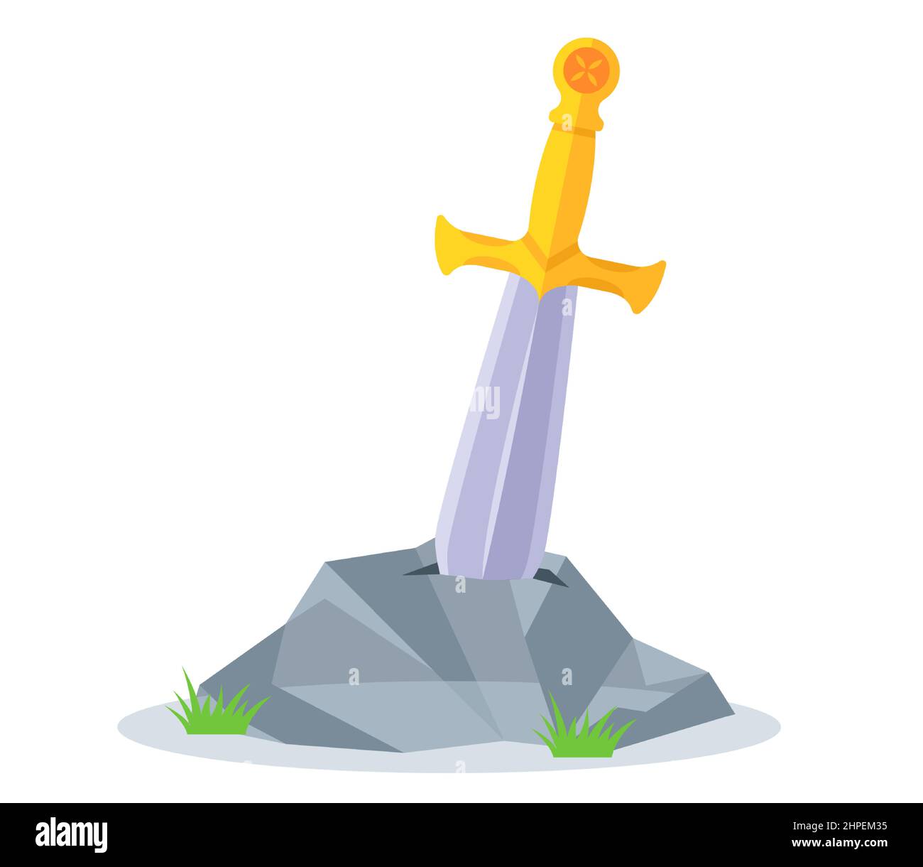 the sword is thrust deep into the stone. the myth of arthur. flat vector illustration. Stock Vector