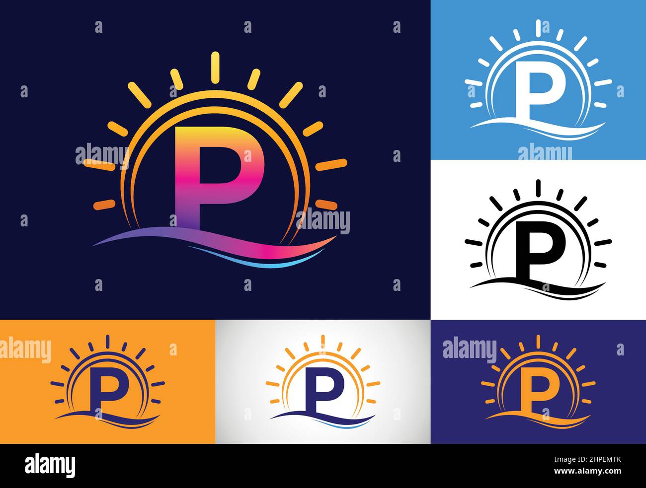 Initial P monogram alphabet with abstract sun and wave. Ocean sun logo ...