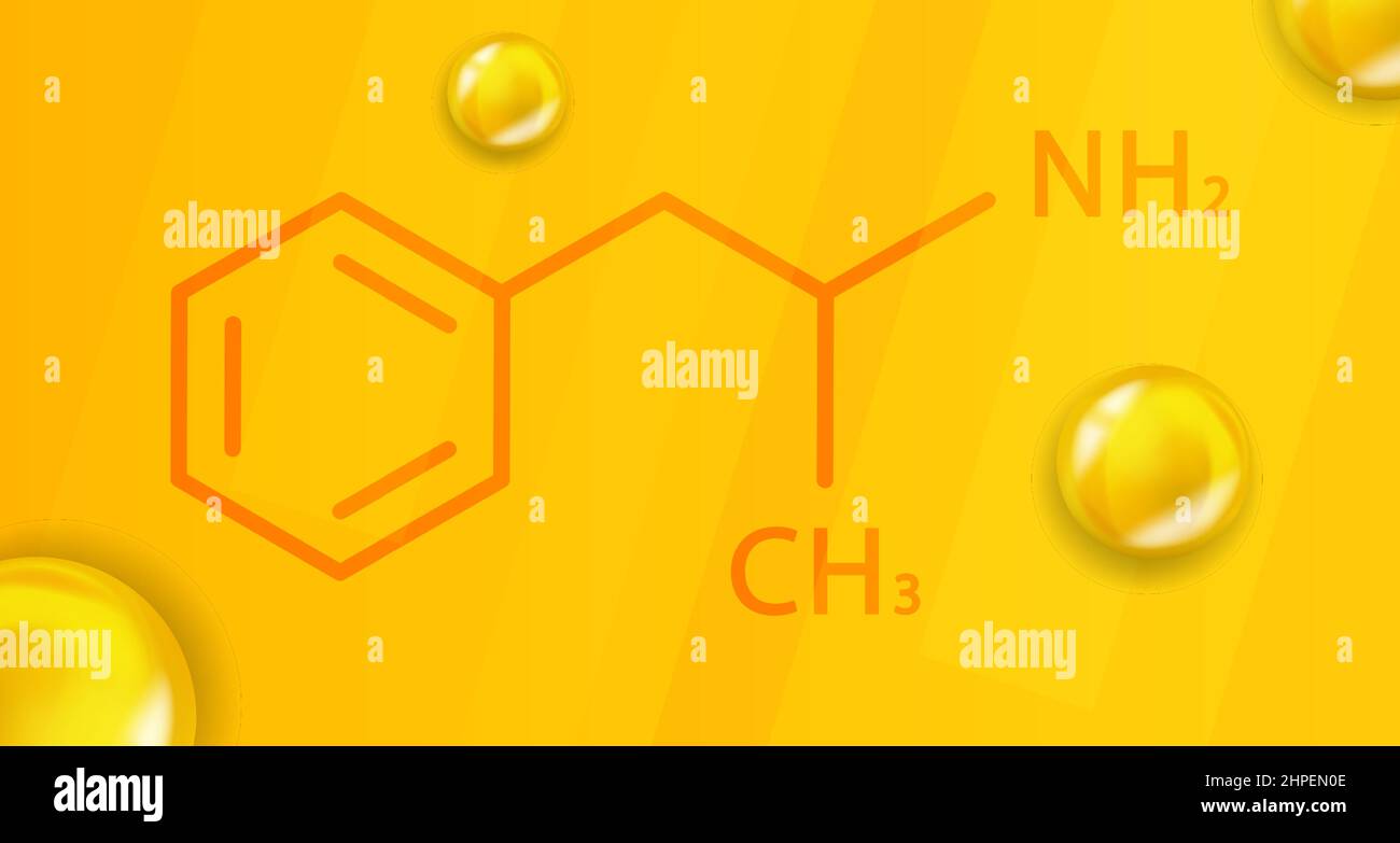 Amphetamine chemical formula. Amphetamine 3D Realistic chemical molecular structure Stock Vector