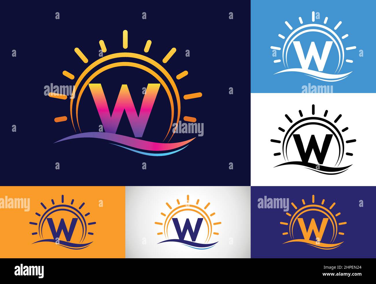 Initial W monogram alphabet with abstract sun and wave. Ocean sun logo ...