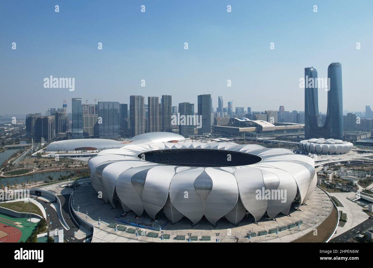 HANGZHOU, CHINA - FEBRUARY 221, 2022 - An aerial view of the Hangzhou Olympic Sports Center, the main venue of the 2022 Asian Games, in Hangzhou, east Stock Photo