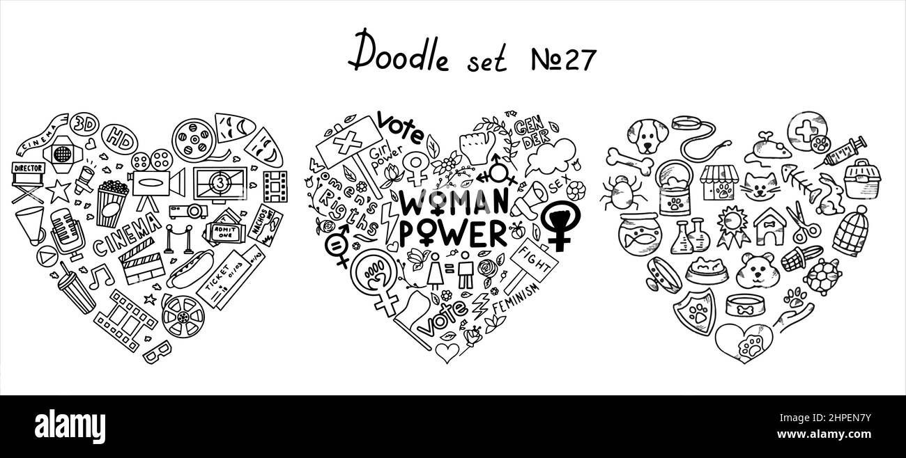A set of doodle signs of feminism, women s rights. Hand drawn vector icons set of pets and Cinema, TV Shows, Series and Movies. A rally to fight for Stock Vector