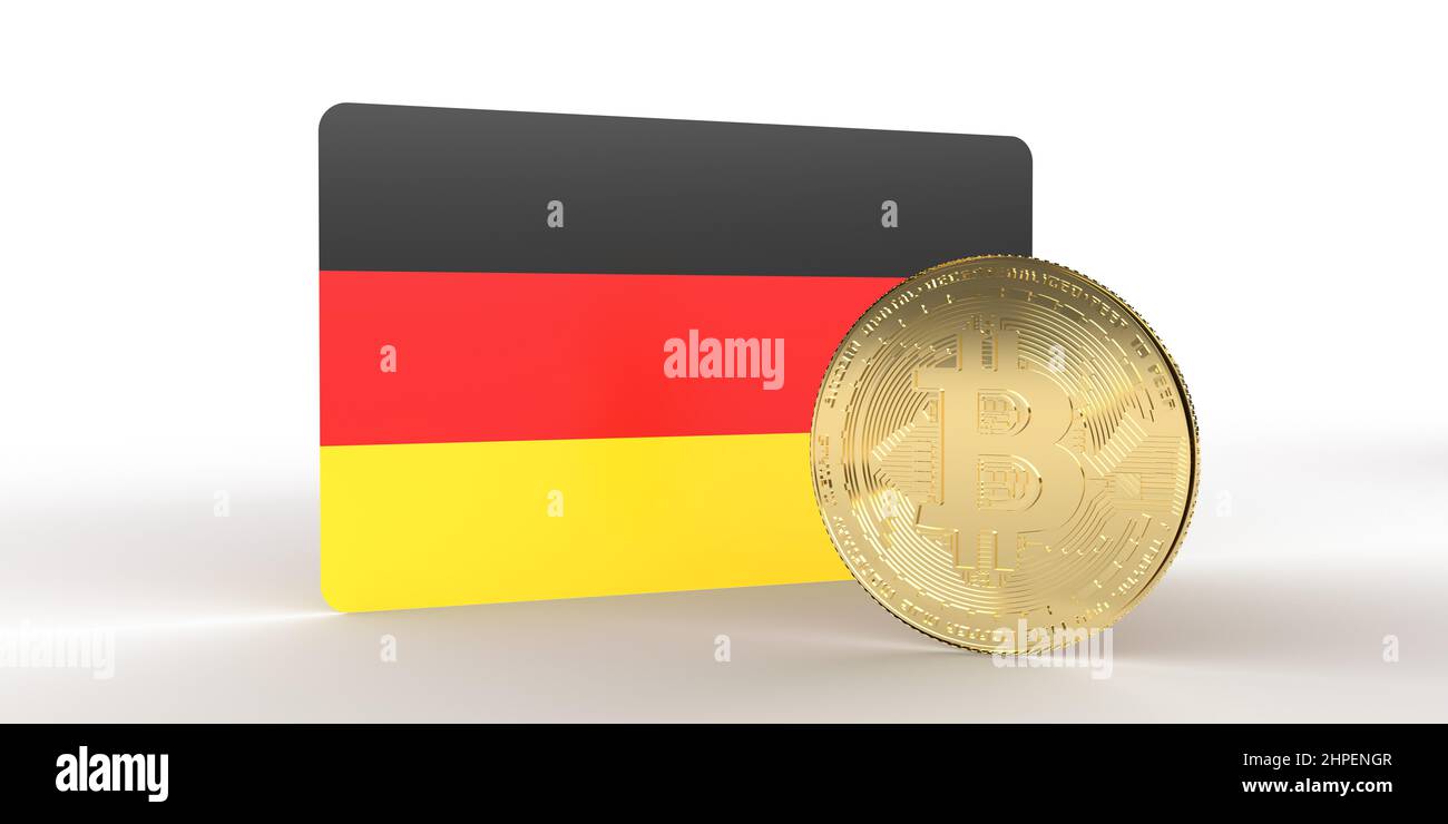 Germany national flag with golden metallic bitcoin cryptocurrency coin. 3D Rendering on financial white background with copy space. Online exchange Stock Photo