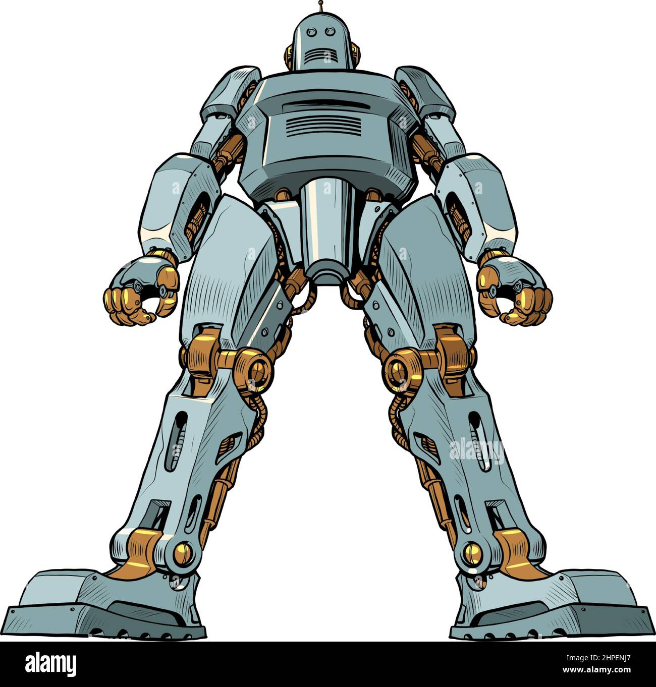A giant robot stands in a majestic pose. Bottom up view. Artificial intelligence Stock Vector