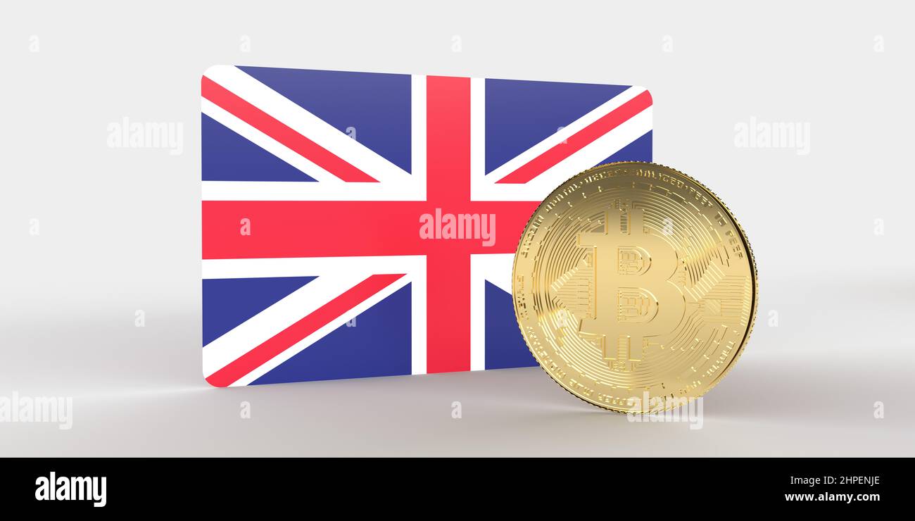 British national, United Kingdom, UK flag with golden metallic bitcoin ...