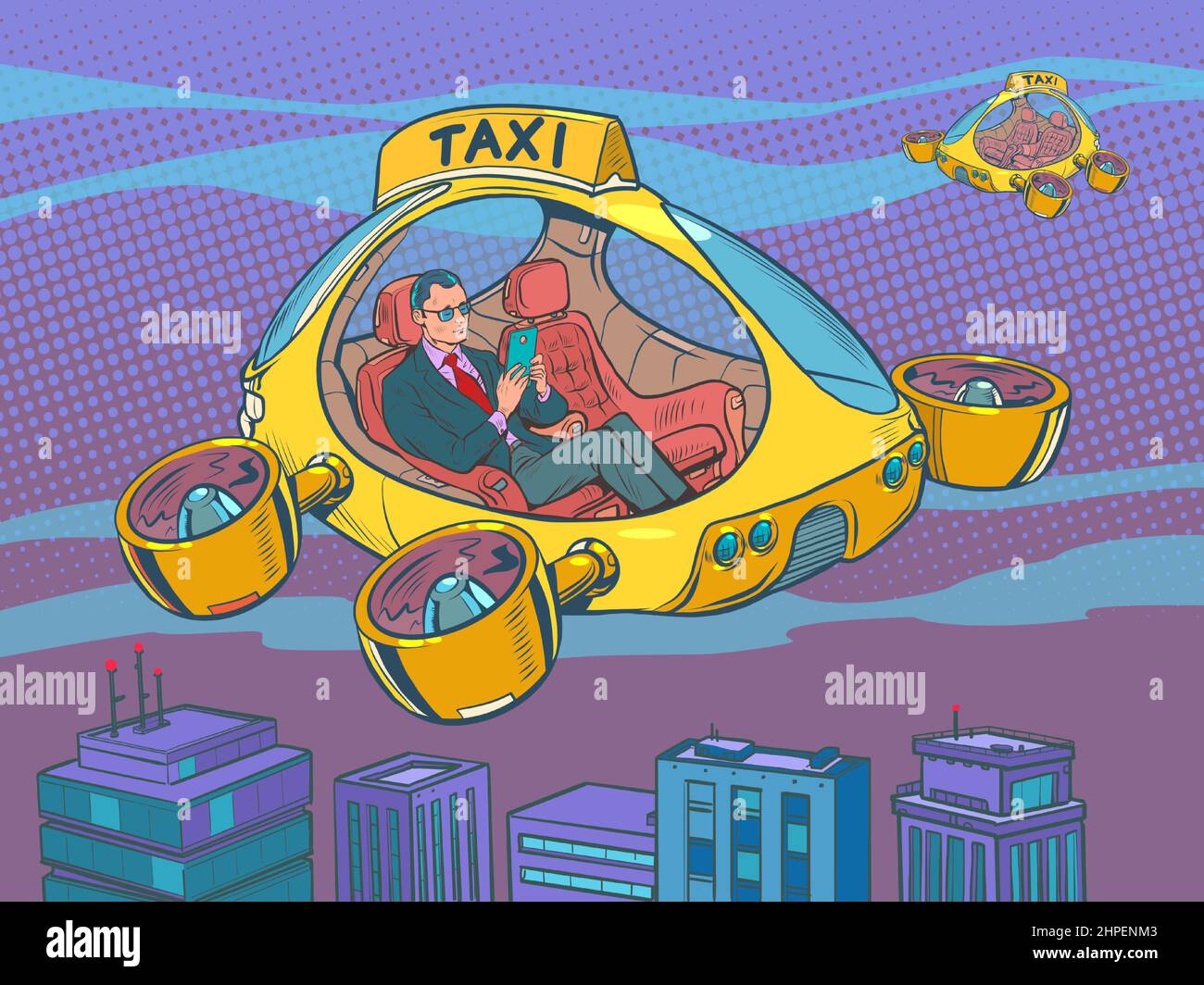 Businessman passenger. Drone air taxi, autopilot city transport. Helicopter of the future Stock Vector