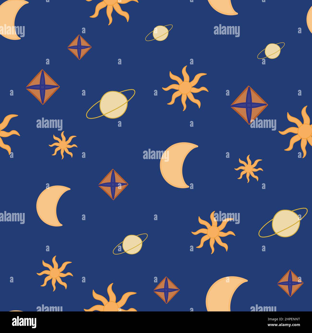 Celestial bodies seamless pattern. Hand drawn astronomical objects on blue background. Stock Vector