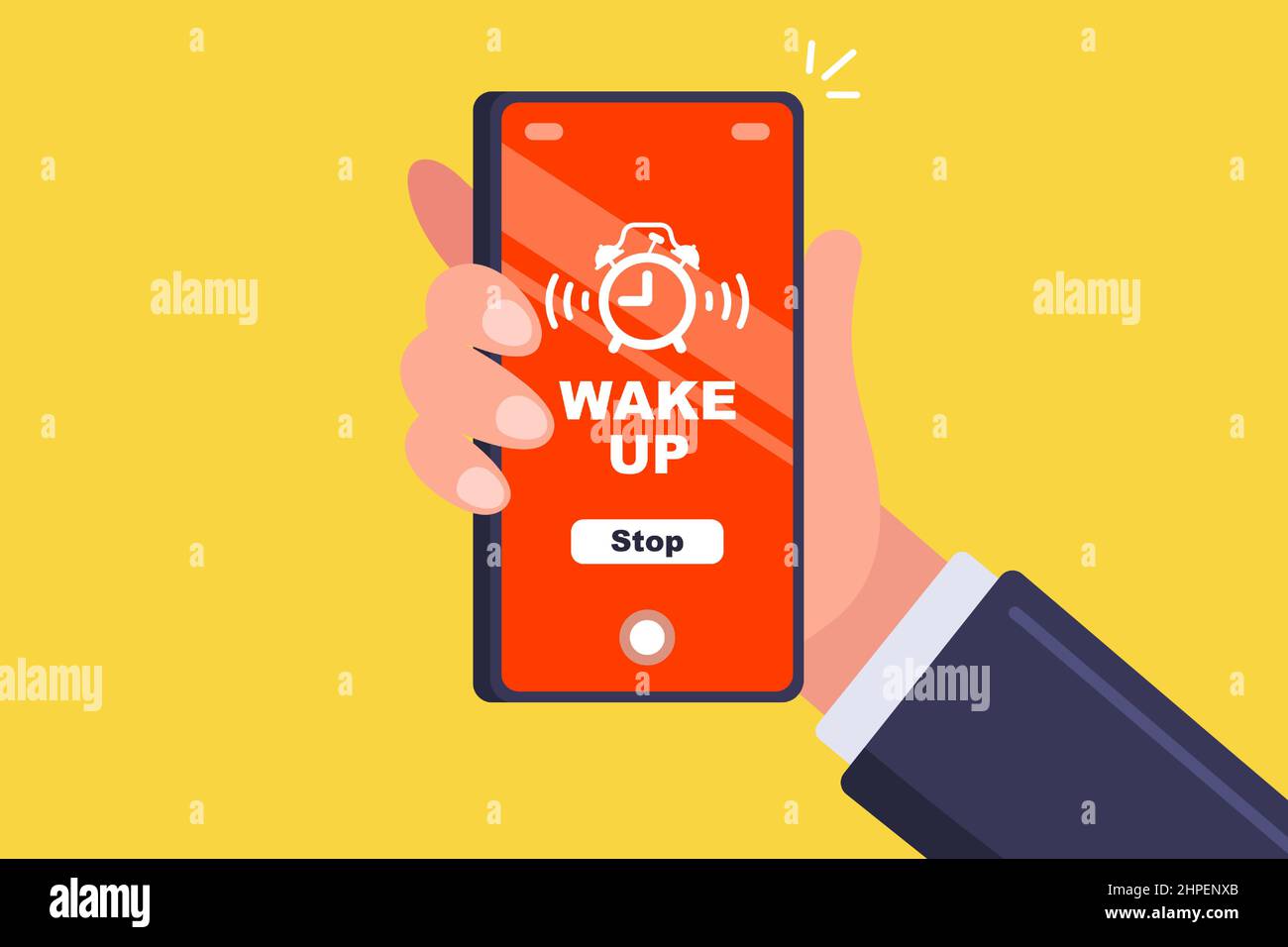 an alarm clock on a mobile phone vibrates in a man hand. flat vector