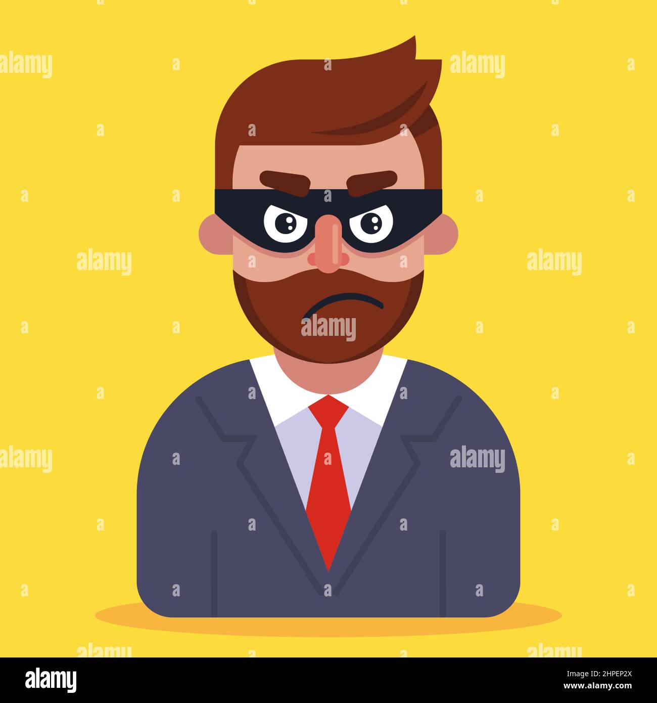 a fraudster in a business suit and a mask hiding his face. flat vector illustration. Stock Vector
