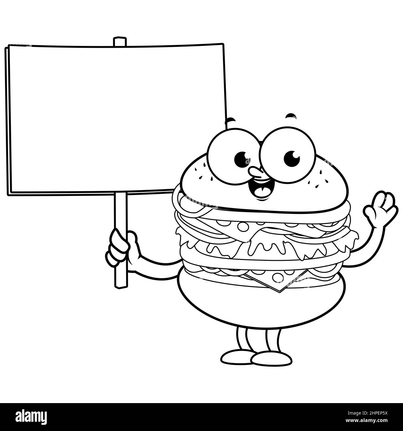 Hamburger character holding a blank sign. Black and white coloring page Stock Photo