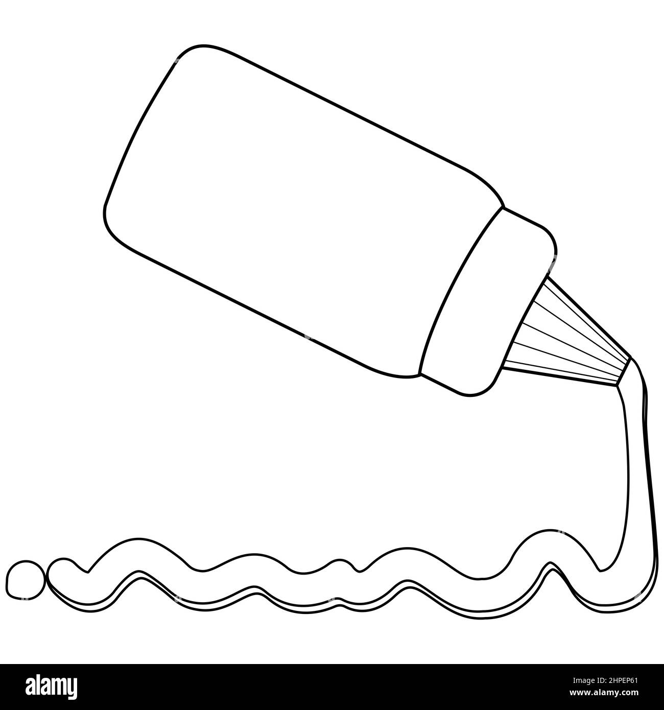 Bottle and spilled sauce of mustard or ketchup. Black and white coloring page. Stock Photo