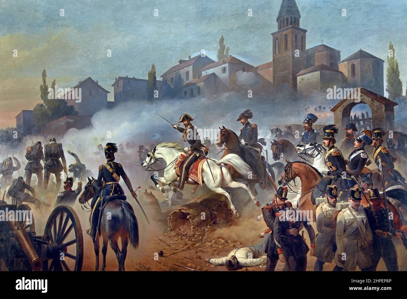 Battle of Sommacampagna which took place on 23 July 1848 immediately before the battle of Custoza, in the context of the first war of independence.First war of independence, which took place in Sommacampagna on April 30, 1848, on the occasion of the battle of Pastrengo (On the morning of the 30th while the attack of Pastrengo and Bussolengo began, Radetzky tried to stop the Piedmontese army by Sona and Sommacampagna, but was rejected by the Aosta Brigade. Painting by Cerruti Bauduc. Stock Photo
