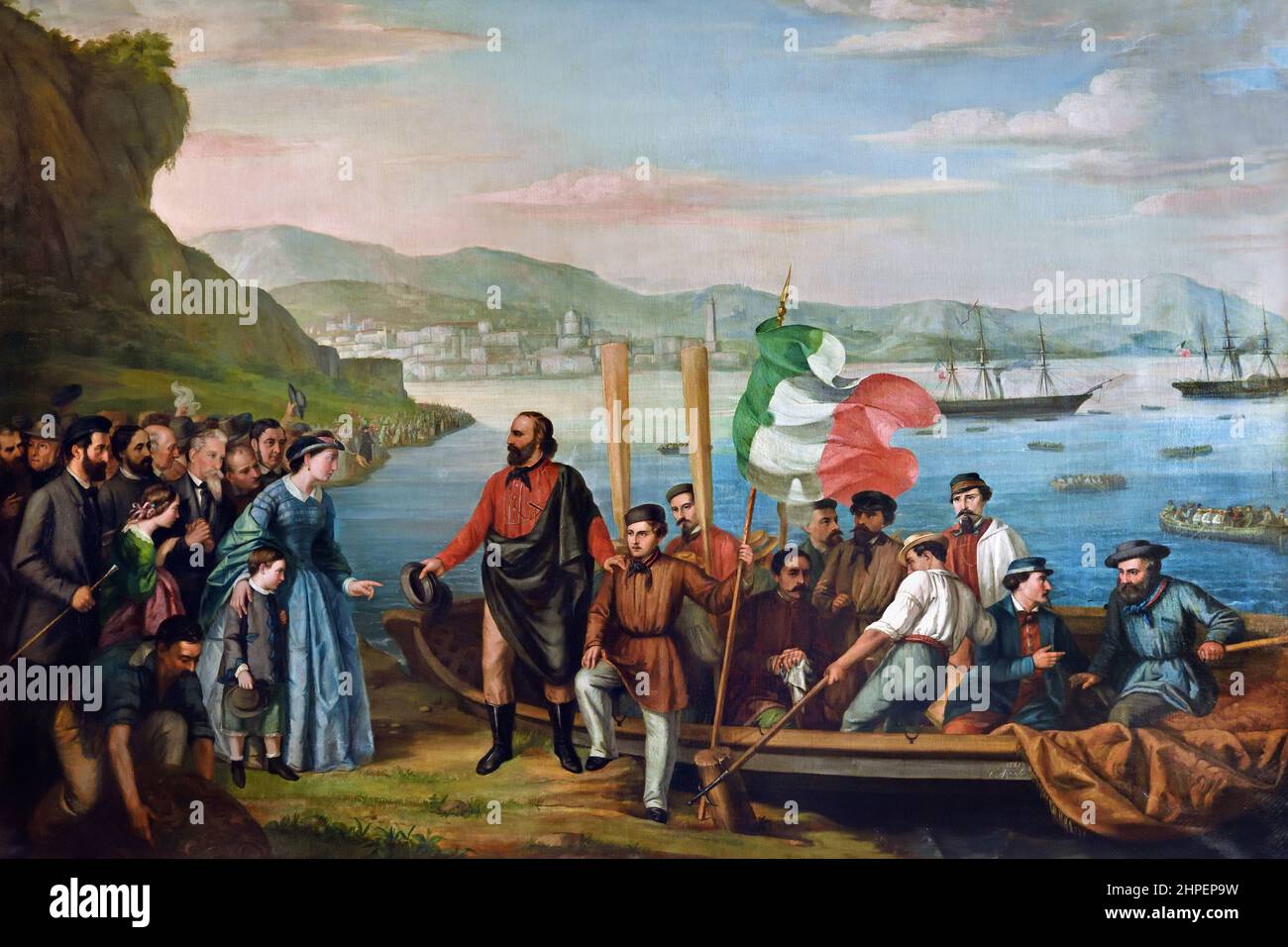 In the night between 5 and 6 May 1860, just over a thousand volunteers, led by Giuseppe Garibaldi, embarked in Quarto, near Genoa. A few days later they landed in Marsala. It is the Expedition of the Thousand that will lead to the unification of Italy. painting by Azzola  ( Giuseppe Maria Garibaldi 1807 – 1882 ) Italian, general, patriot, revolutionary, republican, Italy,  ( Unification and the creation of the Kingdom of Italy.) Stock Photo