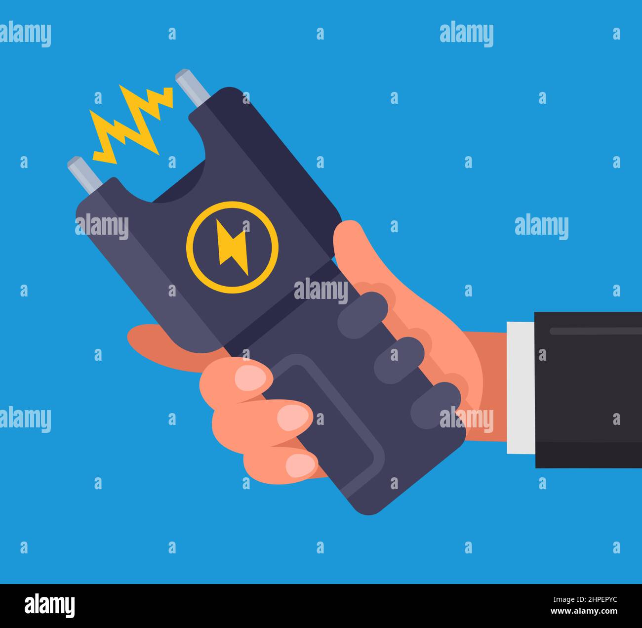a man holding a stun gun in his hand. flat vector illustration on blue background. Stock Vector