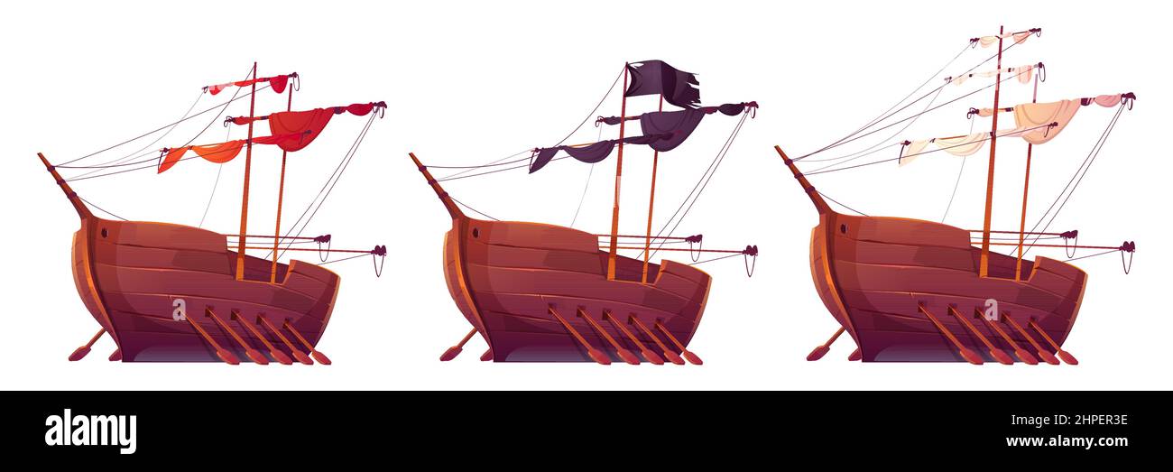 Old wooden ships with paddles, masts and folded sails. Vector cartoon set of ancient galleon, caravel, sailboats with black, white and red sails. Rowboats isolated on white background Stock Vector
