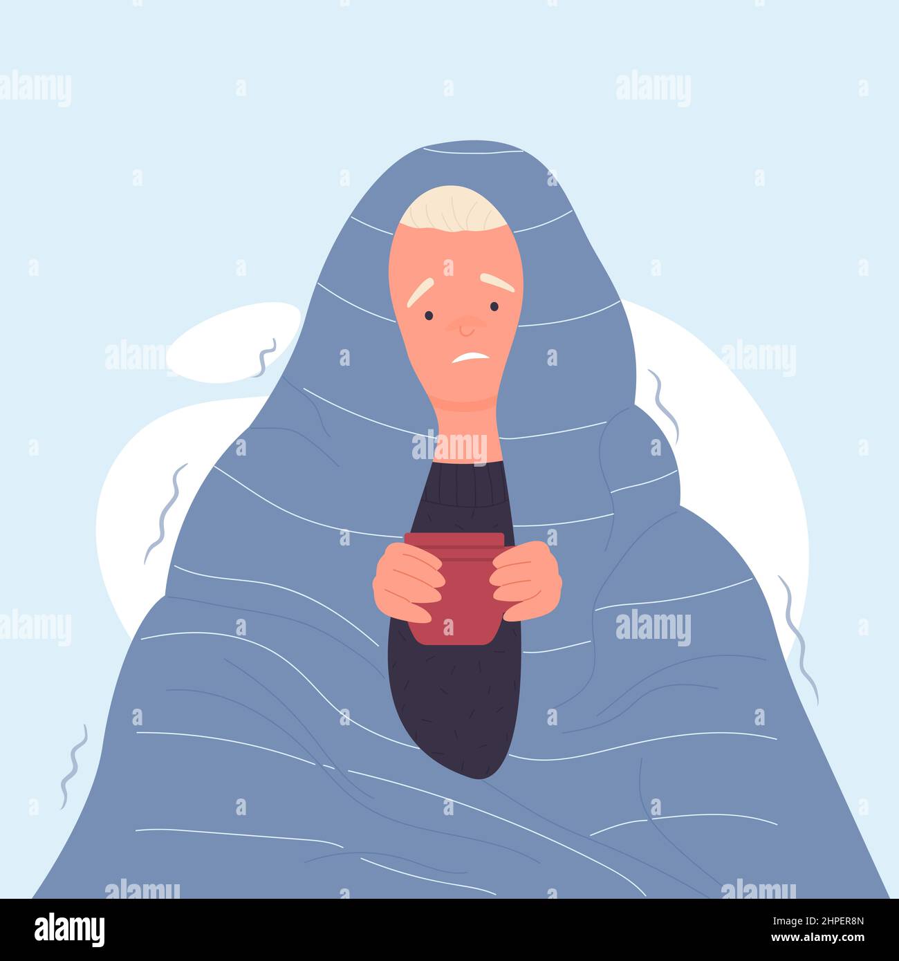 Boy under blanket having shiver. Sick shivering young boy with cup of