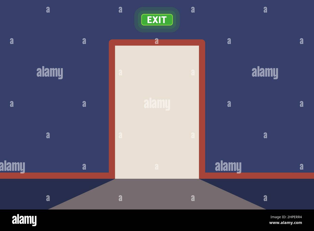 exit sign above the open door. a beam of light from a doorway. flat