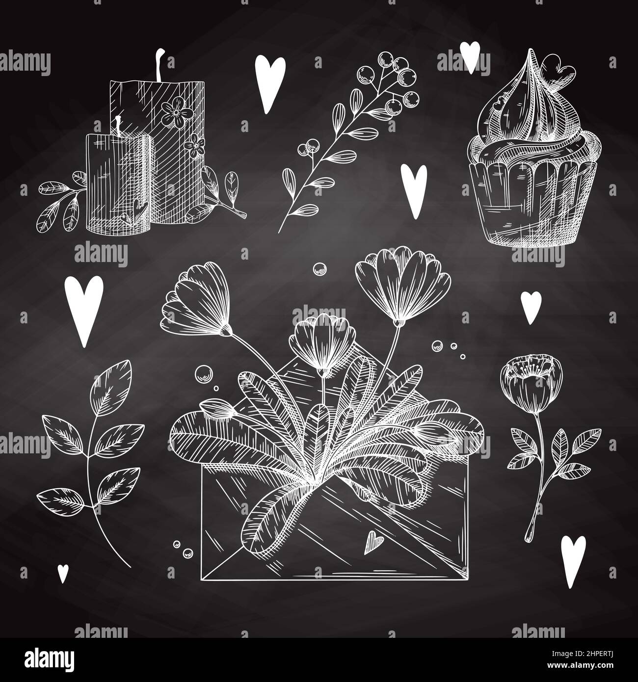 Set of romantic hand drawn elements. Different hearts, flowers and ...