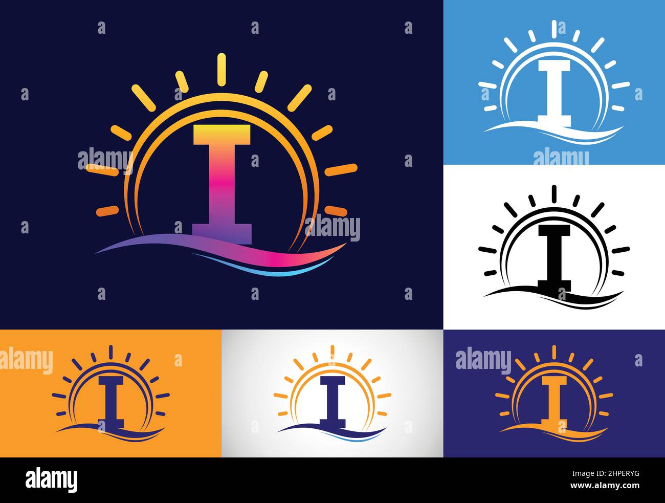 Initial I monogram alphabet with abstract sun and wave. Ocean sun logo ...