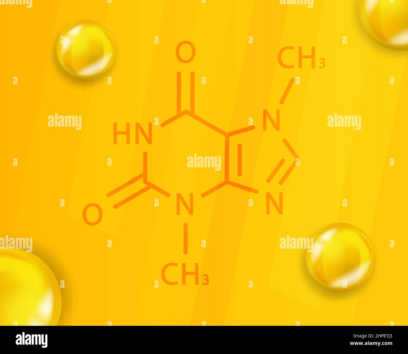 Theobromine chemical formula. Theobromine 3D Realistic chemical molecular structure Stock Vector