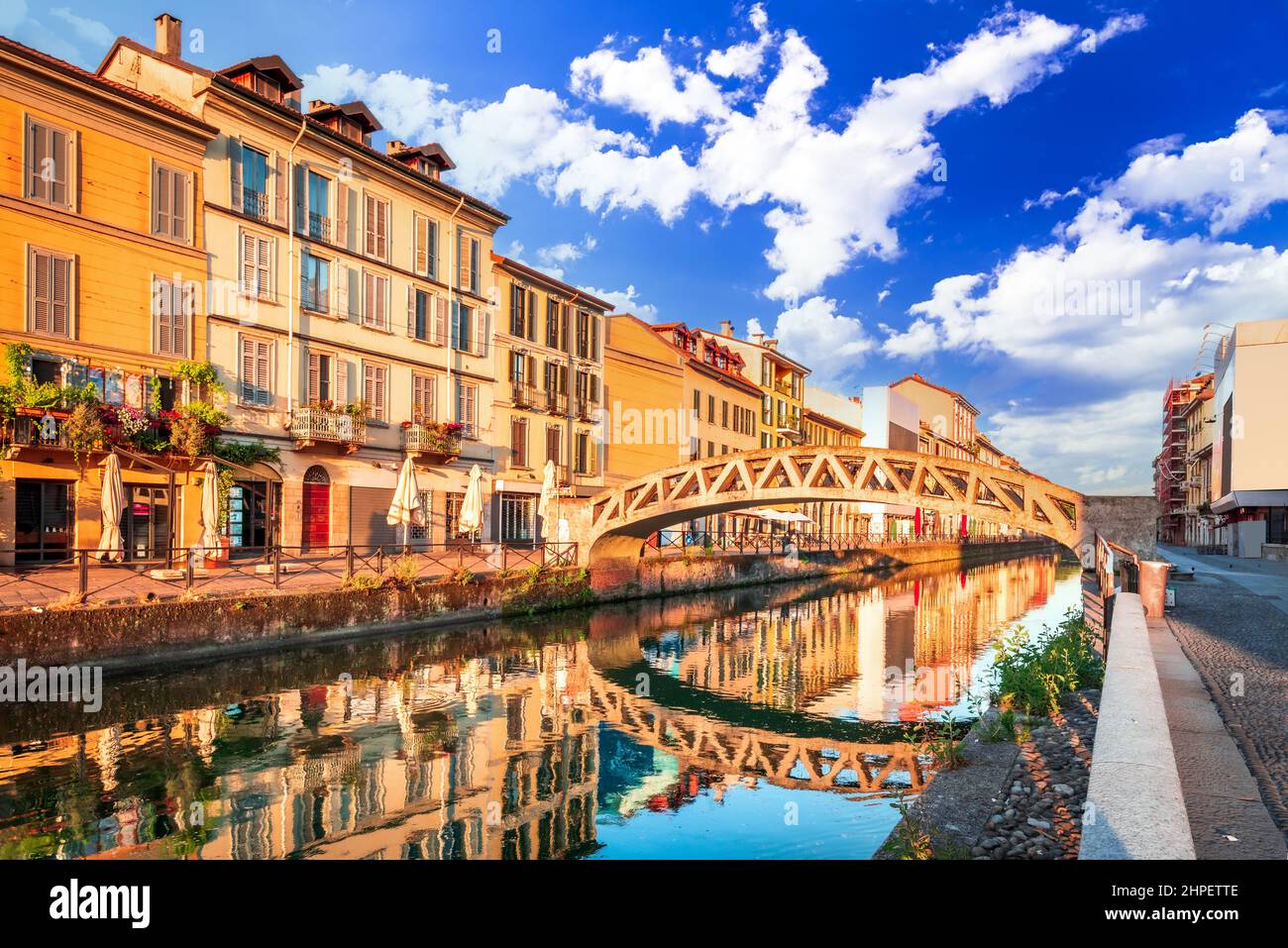 Milan, Italy. Bridge across the Naviglio Grande canal at the sunrise