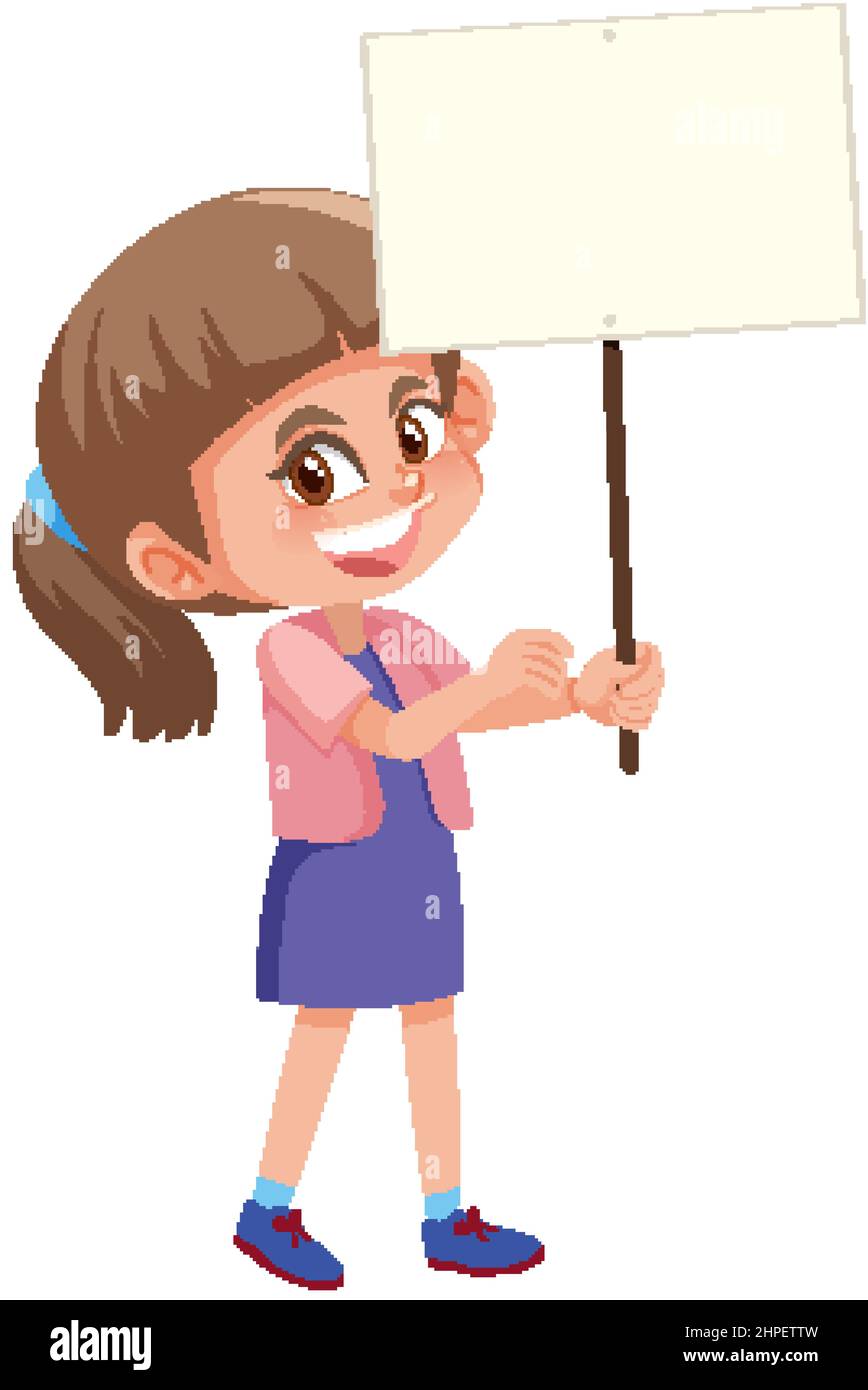 Little girl holding empty banner in cartoon style illustration Stock ...