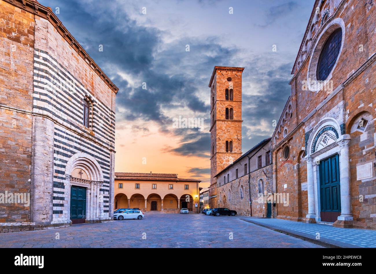 Volterra, Tuscany. Piazza San Giovanni and Santa Maria Assunta cathedral, medieval Italy town. Stock Photo