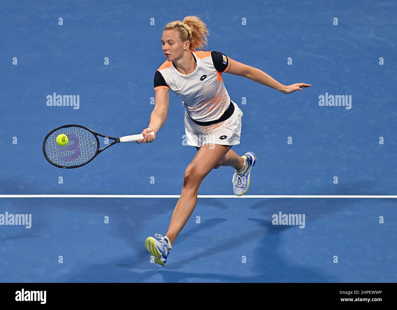 Doha, Qatar. 20th Feb, 2022. Katerina Siniakova of the Czech Republic  returns the ball during the first round of WTA Qatar Open tennis tournament  match against Jessica Pegula of the United States