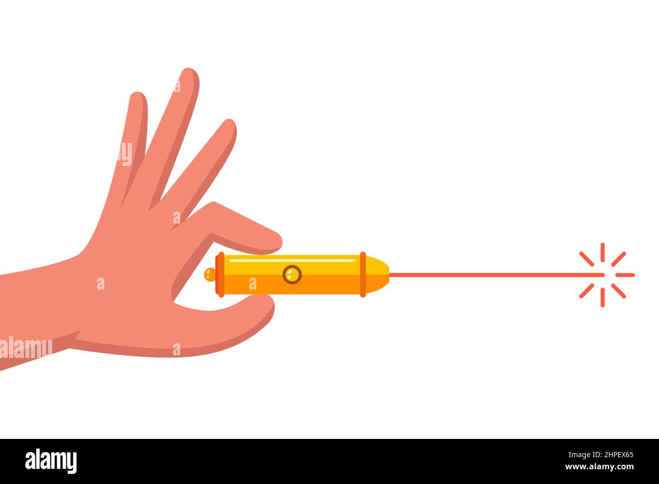 hand holds a laser pointer. direct the red beam. flat vector illustration. Stock Vector