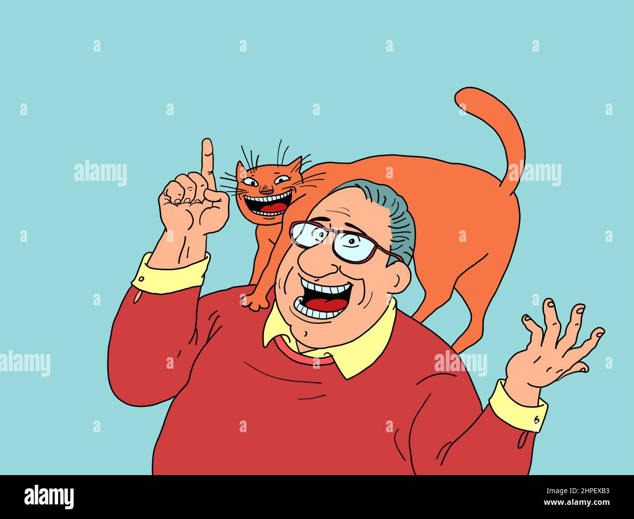 A joyful man and a cat on the neck of the owner. Pets. Fluffy Companion Stock Vector