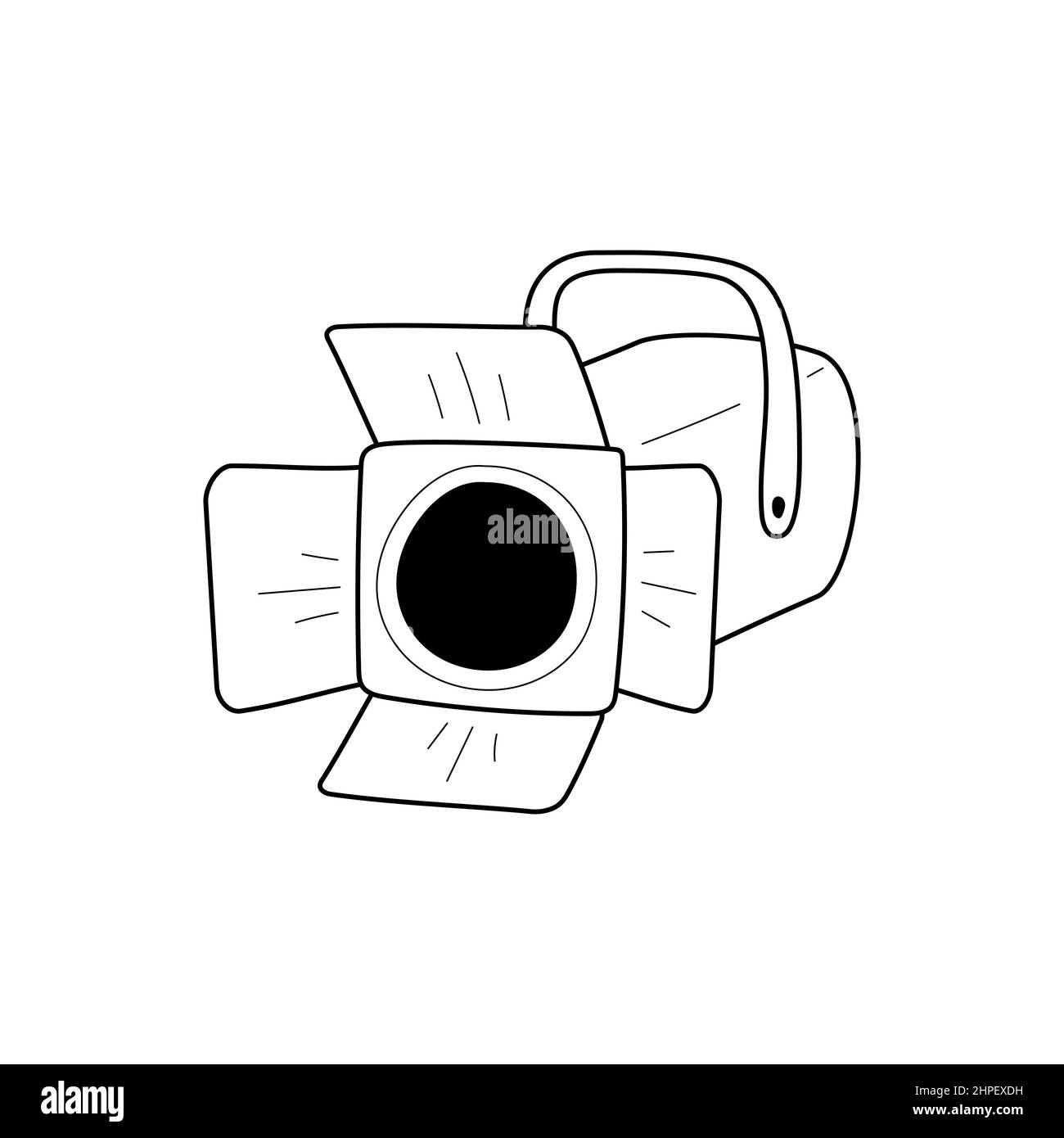Movie spotlight doodle line icon. Movie light, photography reflector