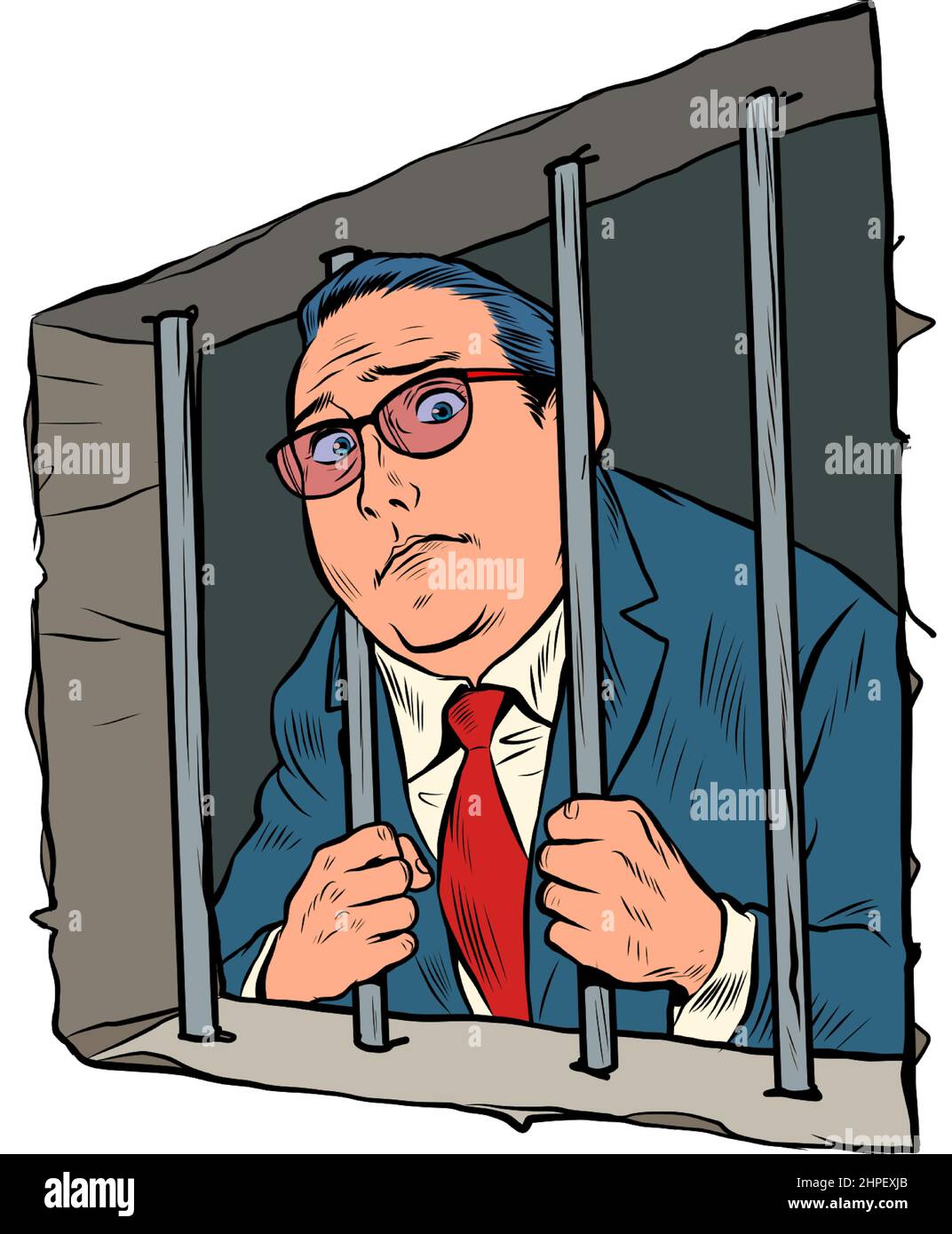 The businessman is a criminal. A man is in prison behind bars. Corrupt politician Stock Vector