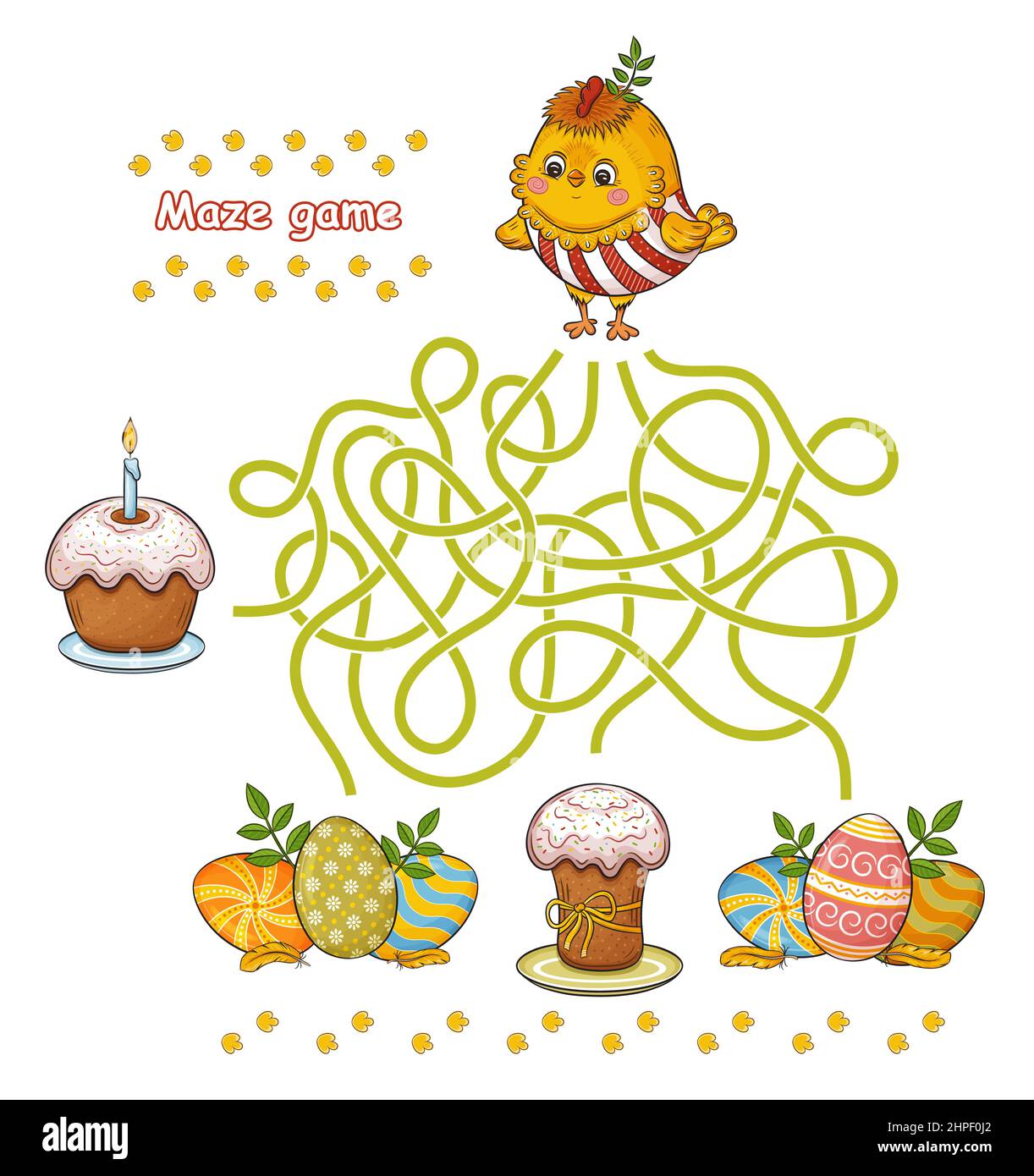 Maze education game. Help Easter rooster chicken find path to colored eggs, holiday paschal cake. Newborn chick bird. Children labyrinth puzzle vector Stock Vector